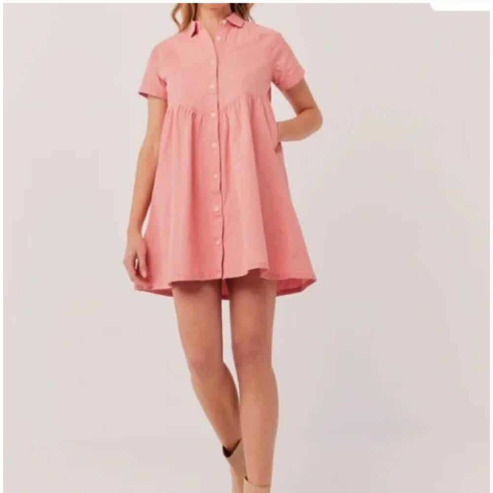 Pact Pink Chambray Button-Front Mini Dress Sz L